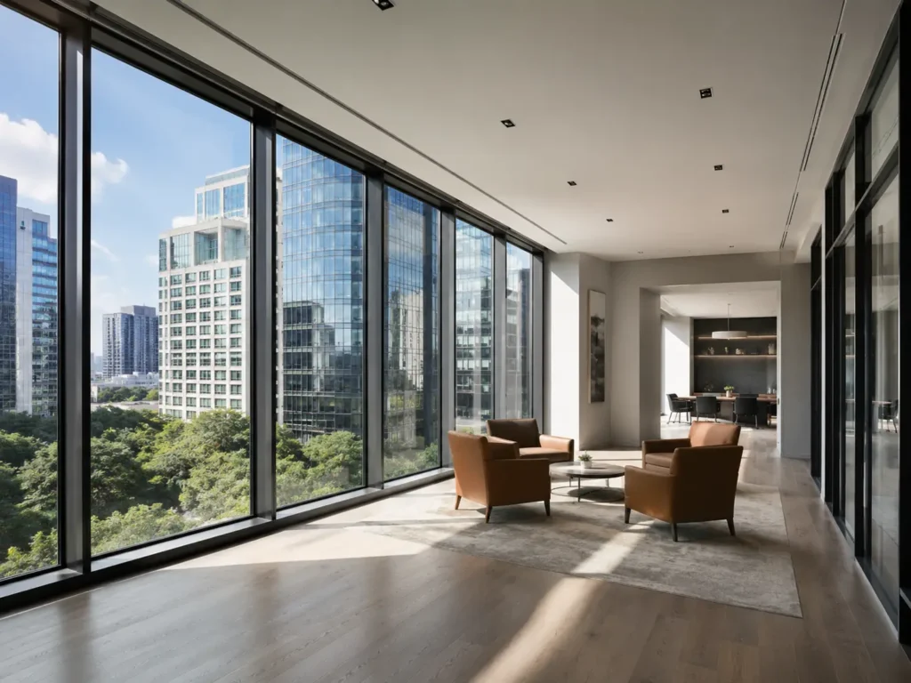 Modern office renovation interior with architect specified window systems and large energy-efficient glass panels