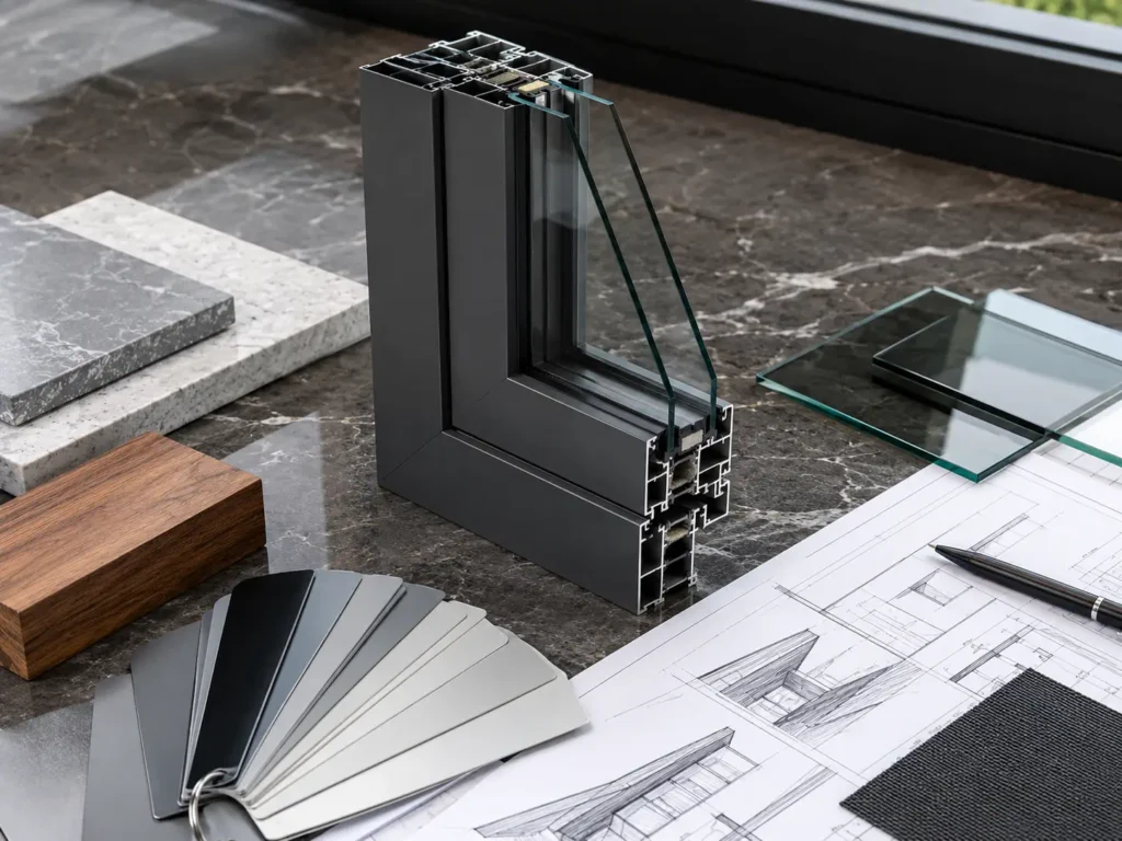Architectural aluminum window profile sample with thermal break detail, glass samples, finish swatches, and project drawings.