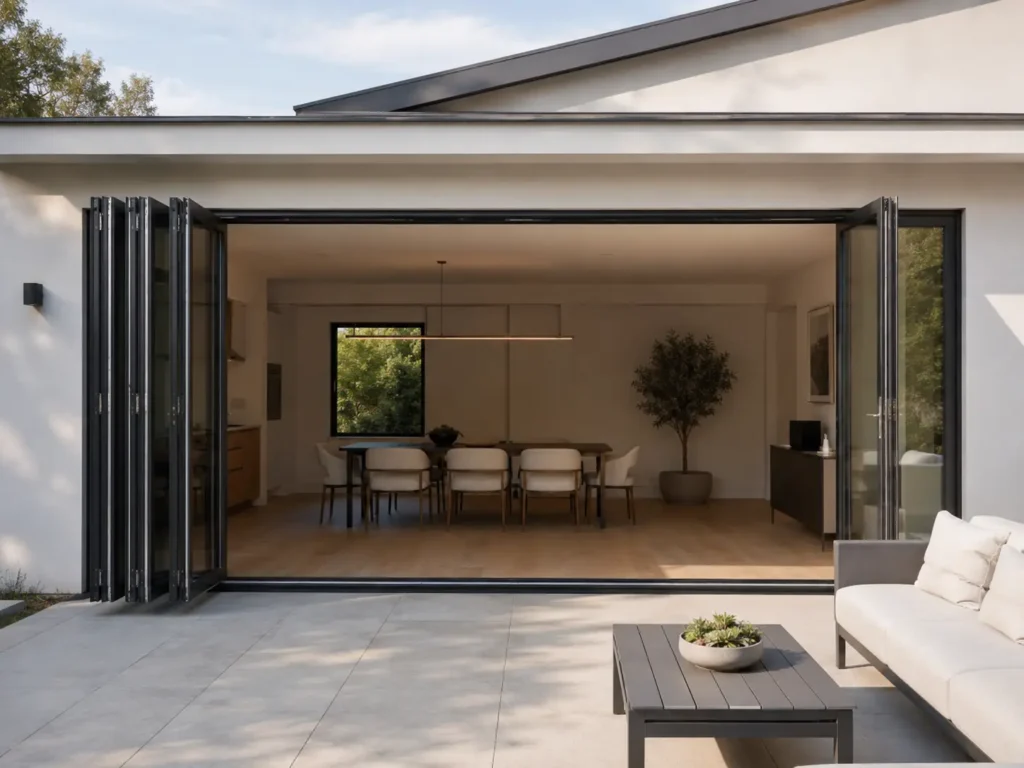 Fully opened aluminum bifold door connecting a modern dining room with an outdoor patio.