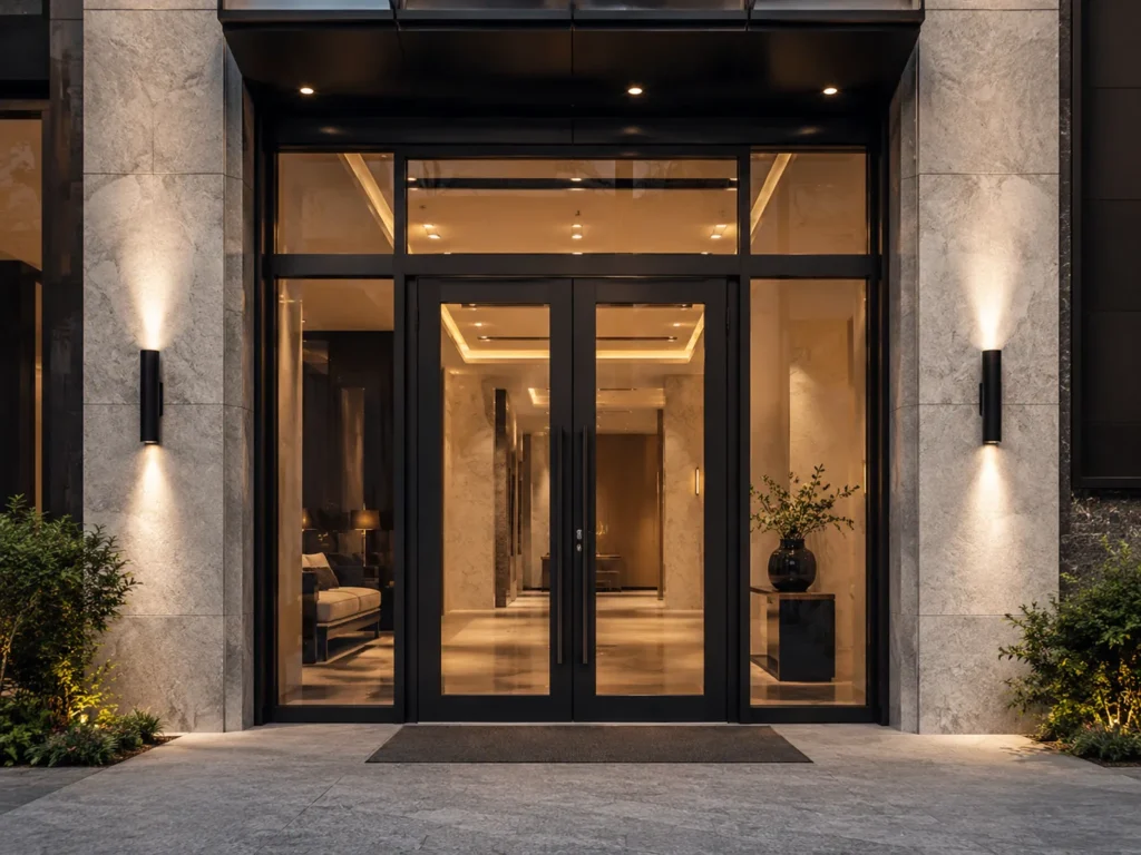 Modern commercial entrance with black aluminum framed glass doors, stone cladding, warm lighting, and premium architectural details.