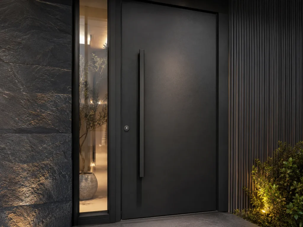 Close-up of a matte black aluminum front door with a slim vertical handle, glass sidelight, and textured modern exterior wall.