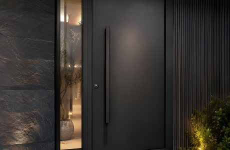 Close-up of a matte black aluminum front door with a slim vertical handle, glass sidelight, and textured modern exterior wall.