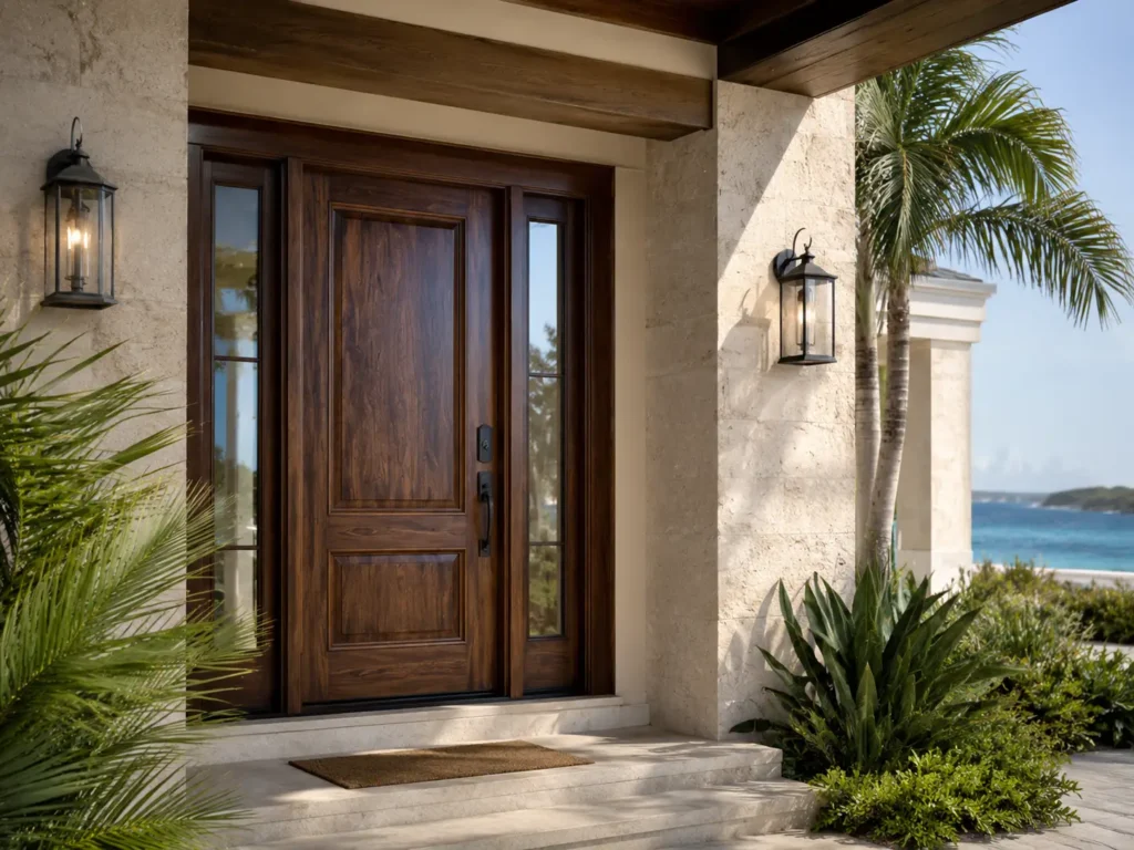 Wood-look fiberglass entry door on a coastal villa with stone walls and tropical landscaping.
