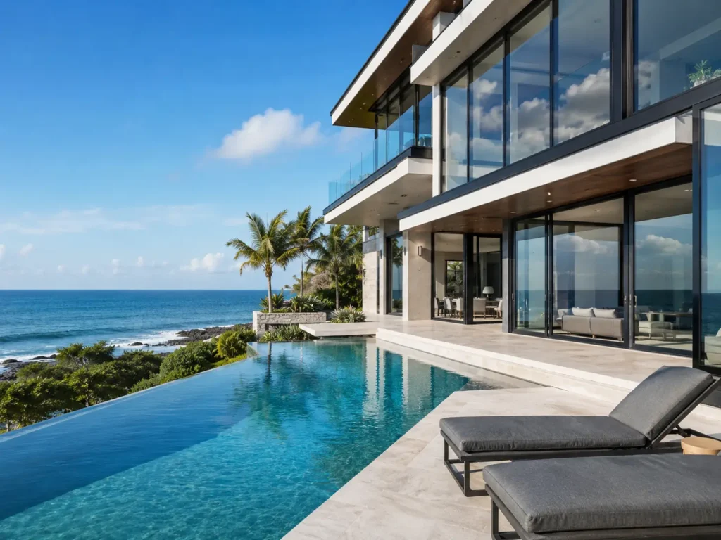 Coastal luxury villa with high-performance architectural aluminum windows, large glass panels, ocean view, and infinity pool.