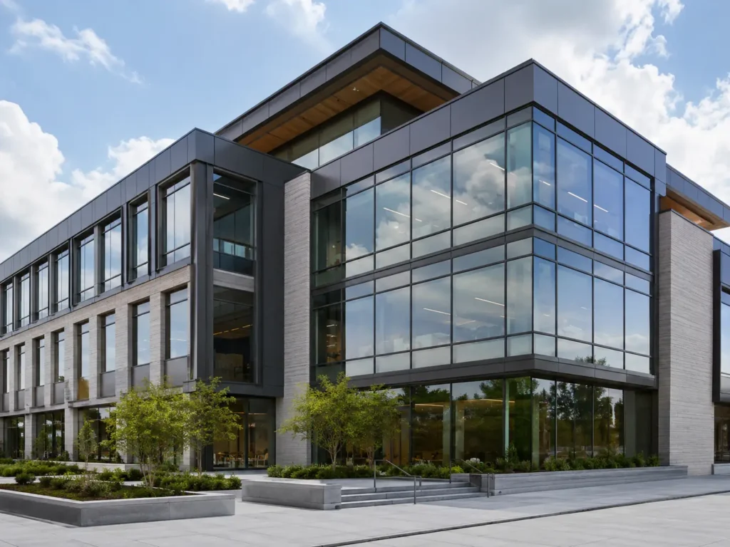 Modern commercial building facade with custom aluminum windows and energy-efficient curtain wall glazing