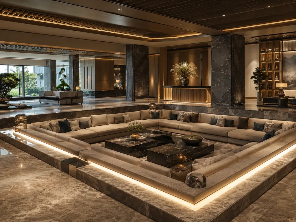 Large commercial conversation pit sofa in a high-end hotel lobby with premium upholstery, stone finishes, and warm recessed lighting.