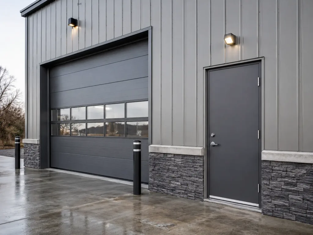 Commercial garage building exterior with a sectional overhead door and a separate pedestrian garage side door.