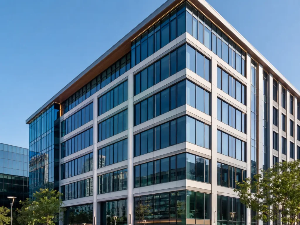 Modern commercial building exterior with energy-efficient retrofit window systems from a trusted supplier