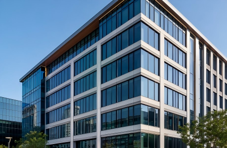 Modern commercial building exterior with energy-efficient retrofit window systems from a trusted supplier