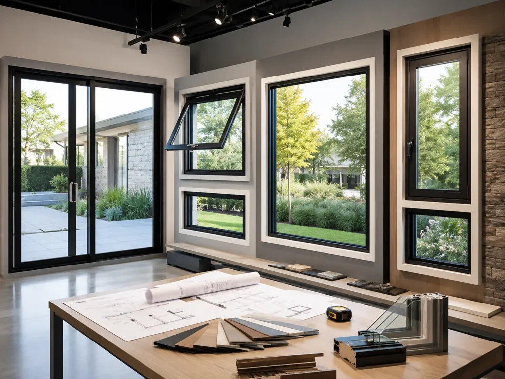 Window showroom display with sliding, awning, casement, and fixed windows for comparing common window dimensions