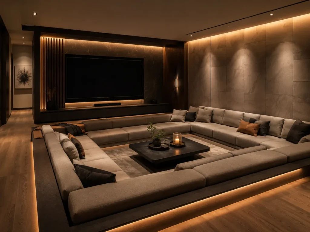 Cozy custom convo pit sofa in a luxury private media room with warm ambient lighting, modular seating, and a modern lounge atmosphere.
