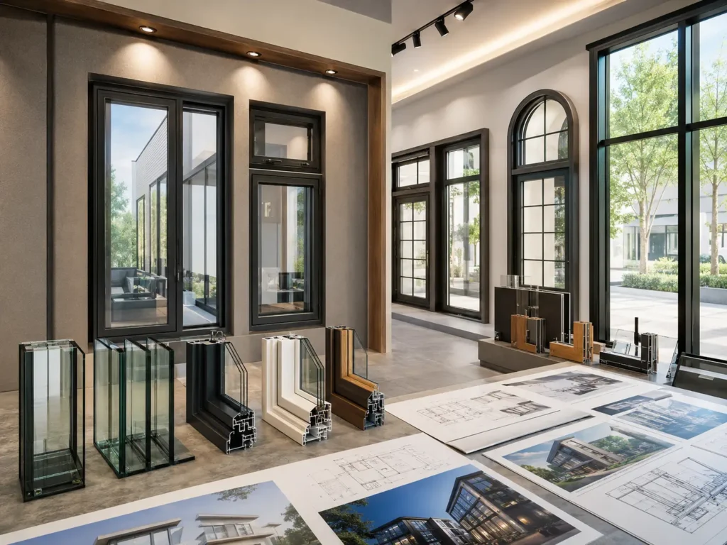 Professional showroom with standard and custom window systems, glass samples, frame profiles, and project drawings