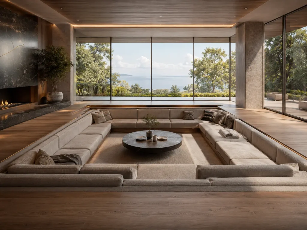 Custom convo pit sofa integrated into a luxury villa living room with floor-to-ceiling windows, wood flooring, and quiet-luxury interior design.