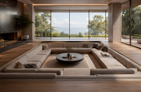 Custom convo pit sofa integrated into a luxury villa living room with floor-to-ceiling windows, wood flooring, and quiet-luxury interior design.