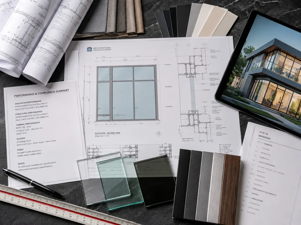 Custom window shop drawings, glass samples, frame finishes, and compliance documents for project review