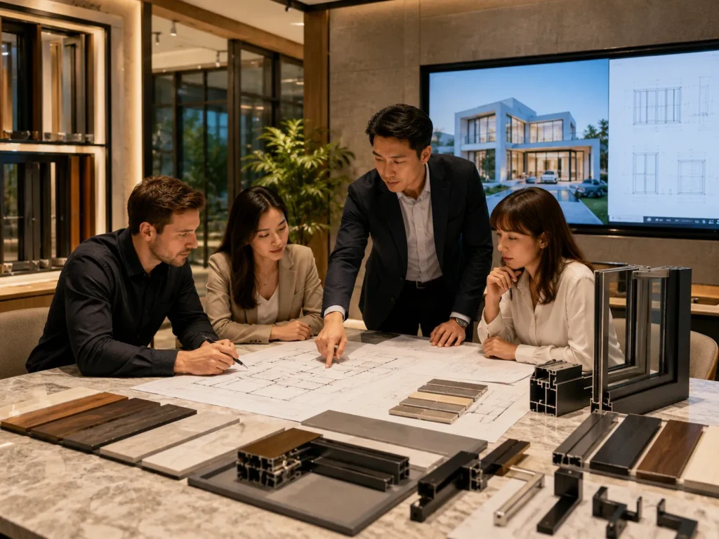 Project team planning custom doors and windows with drawings, finish samples, and aluminum profile options