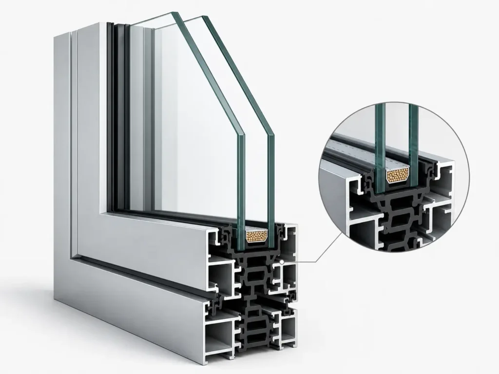 Double glazed aluminum window cross-section with thermally broken frame and two glass panes