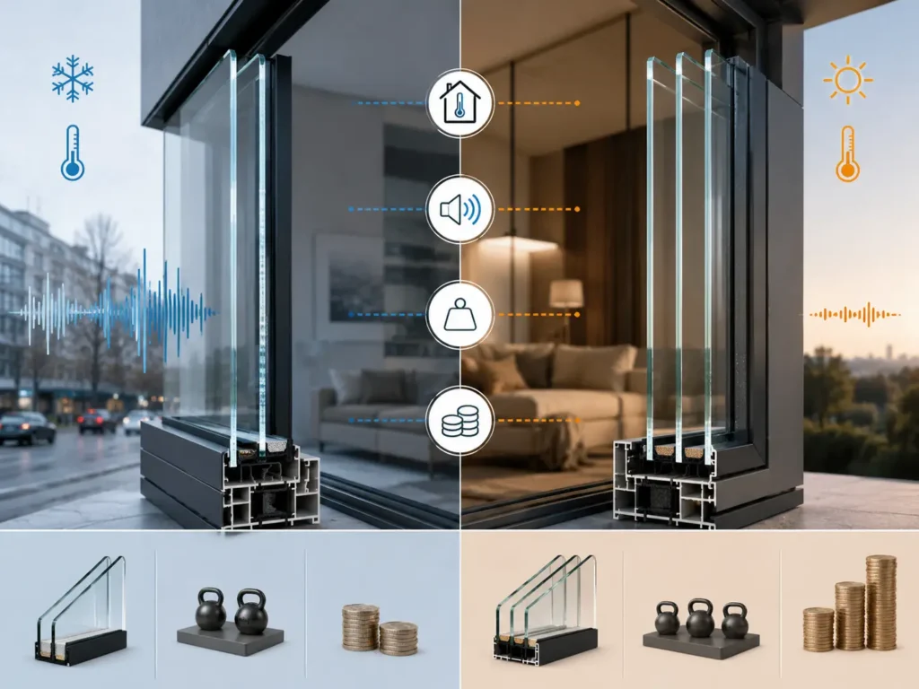 Visual comparison of double glazed and triple glazed aluminum windows for insulation, sound control, weight, and cost