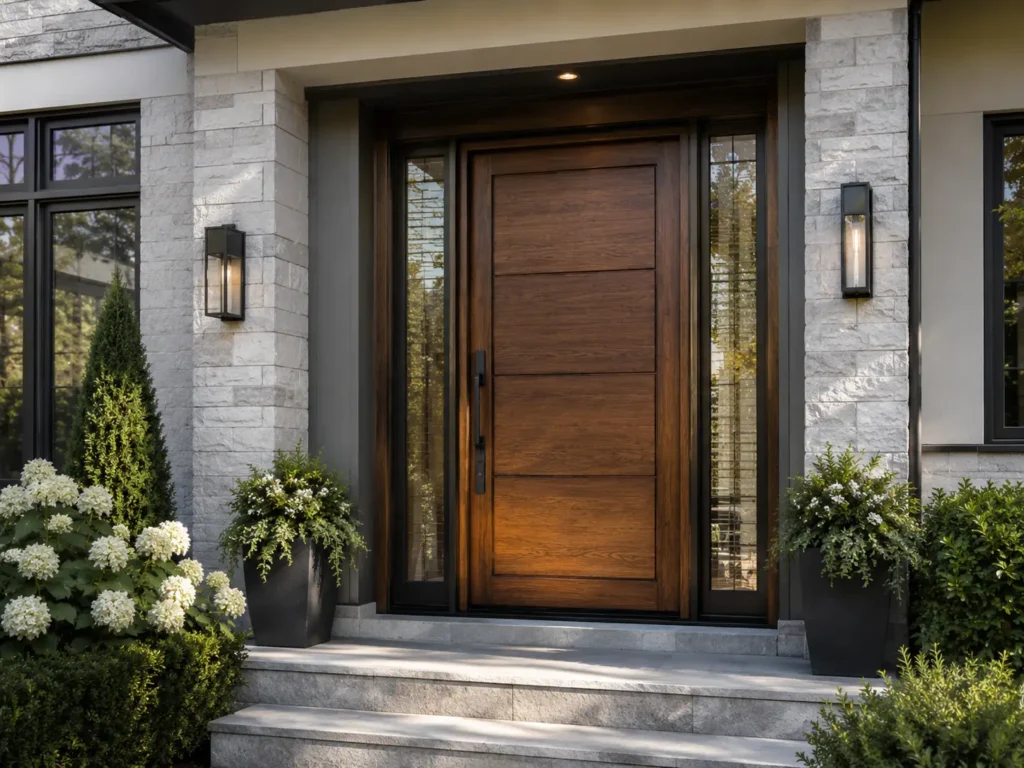 Premium wood-look fiberglass entry door with insulated glass sidelights and a well-fitted exterior frame.