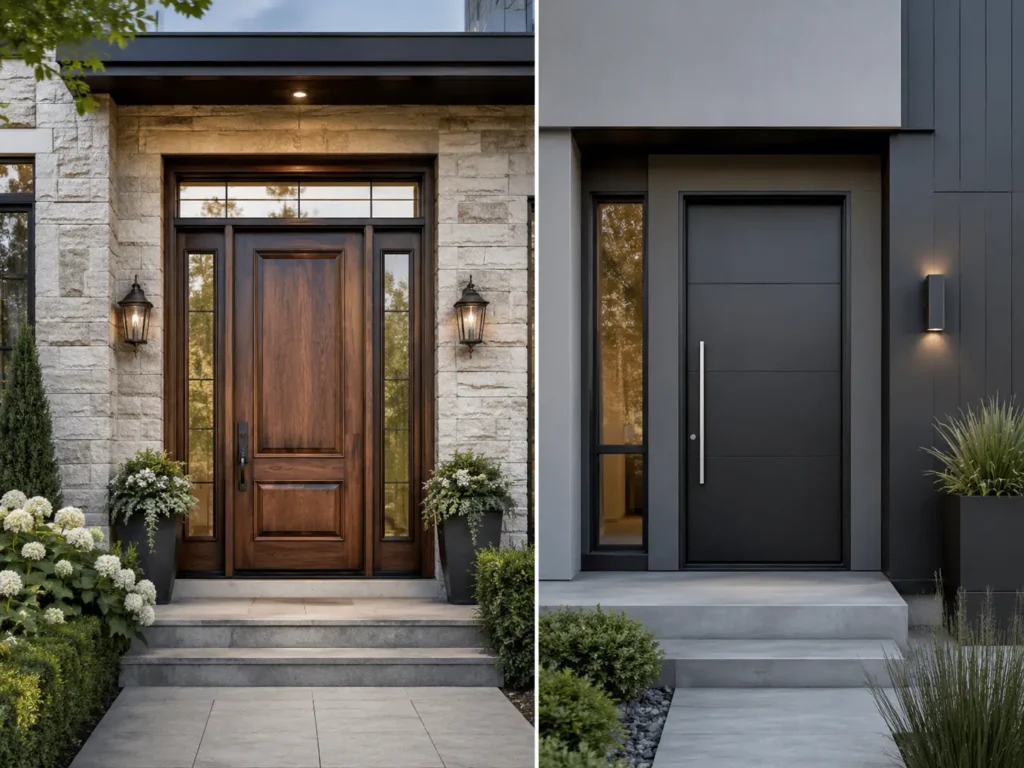 Side-by-side comparison of a wood-look fiberglass entry door and a modern black steel entry door.