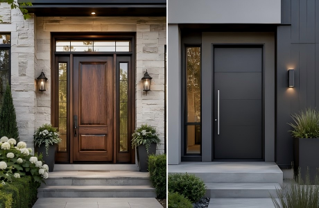 Side-by-side comparison of a wood-look fiberglass entry door and a modern black steel entry door.