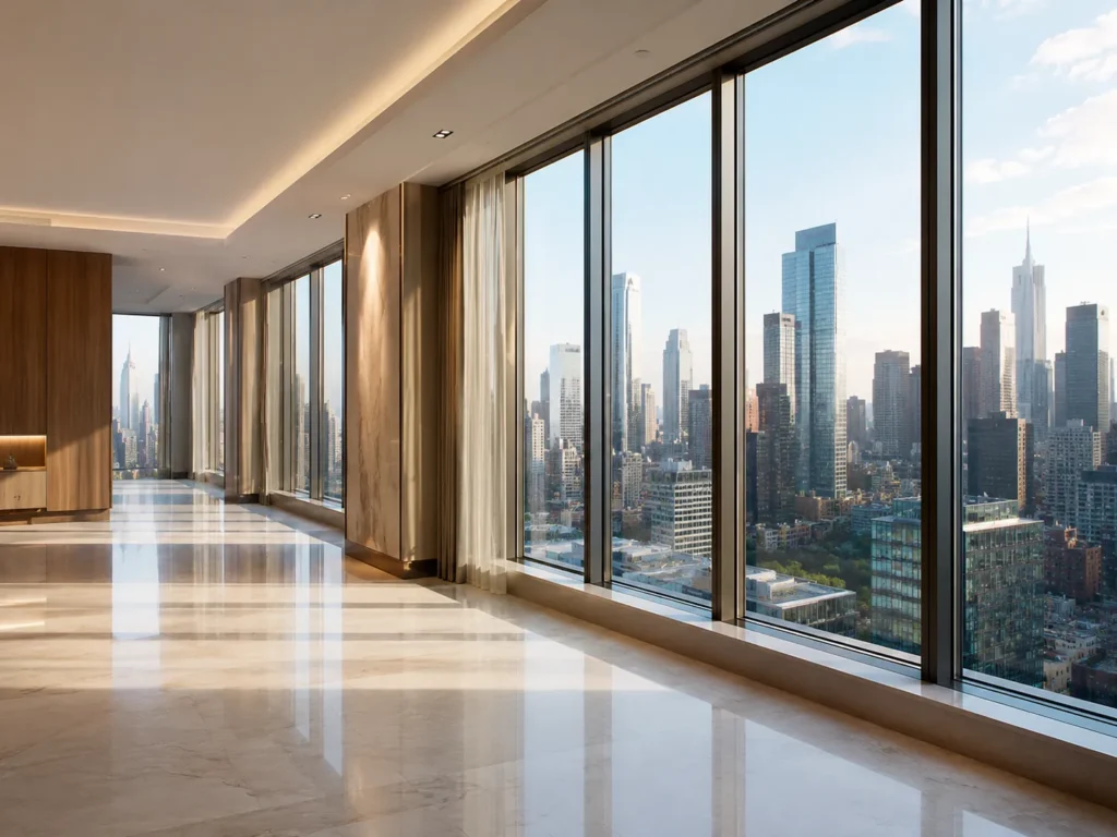 Luxury high-rise interior with floor-to-ceiling windows and panoramic urban views