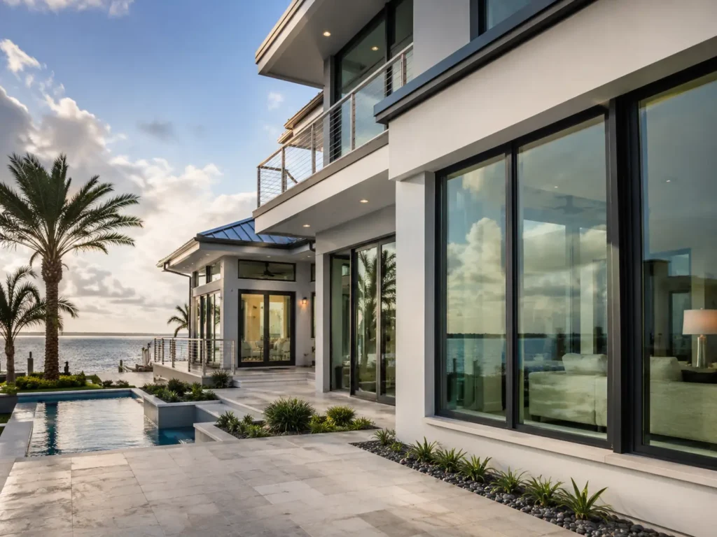 Modern coastal luxury villa with large dark-framed Florida impact rated windows facing a waterfront view