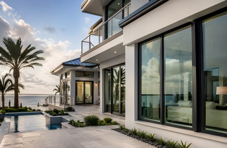 Modern coastal luxury villa with large dark-framed Florida impact rated windows facing a waterfront view