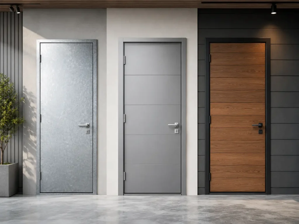 Three garage personnel door material options including galvanized steel, smooth metal, and wood finish for residential and commercial projects.