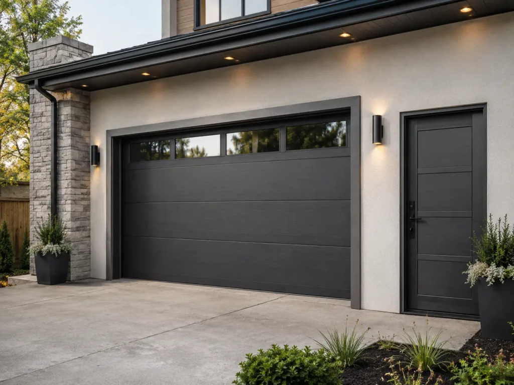 Modern home exterior with a dark sectional garage door and a matching garage personnel door for convenient pedestrian access.