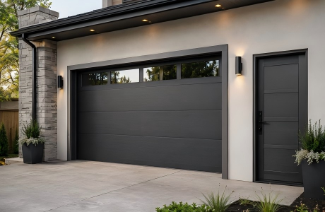 Modern home exterior with a dark sectional garage door and a matching garage personnel door for convenient pedestrian access.