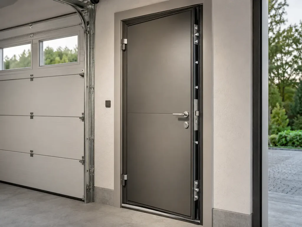 Close-up of a garage personnel door with reinforced frame and multi-point locking system inside a garage.
