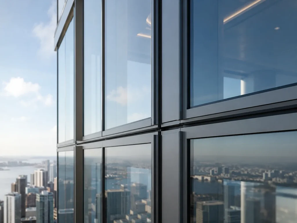Close-up detail of a high-rise glass facade with premium aluminum framing and curtain wall design