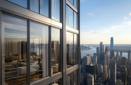 Modern high-rise building windows with slim aluminum frames overlooking a city skyline