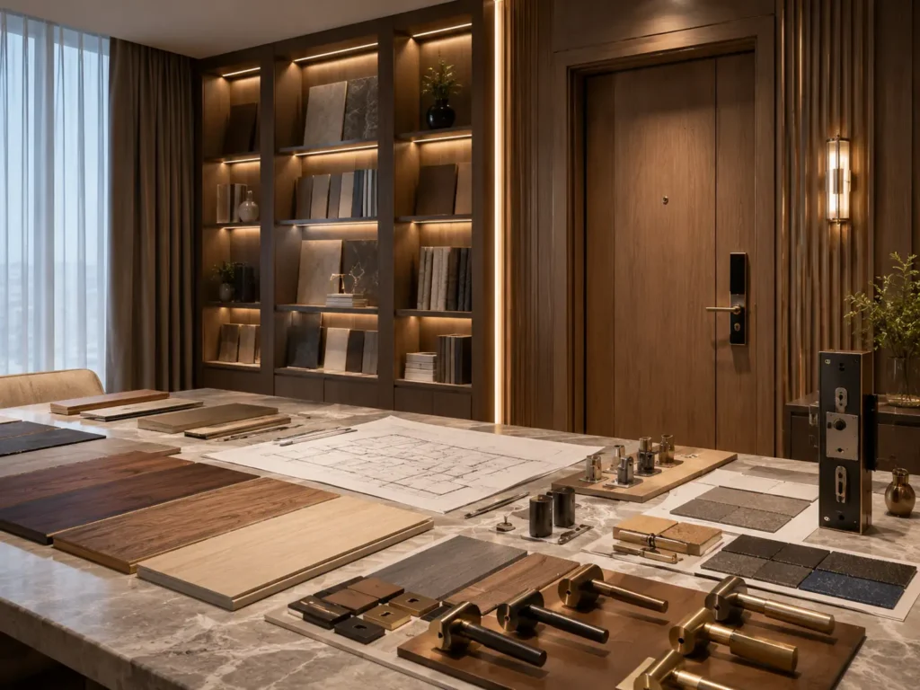 Hotel door specification showroom with wood veneer samples, door hardware, locksets, blueprints, and material finishes for wholesale project sourcing.
