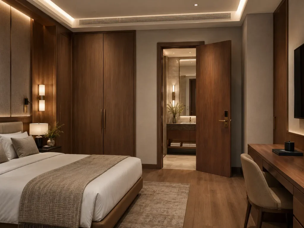 Modern hotel guest room showing a solid core bathroom door and coordinated wardrobe doors for strategic interior door placement.
