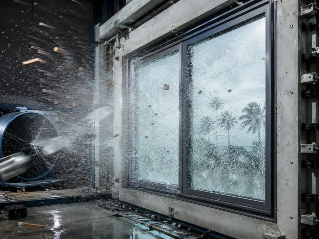Impact resistant window undergoing hurricane wind and debris testing for Miami-Dade NOA and Florida impact code compliance