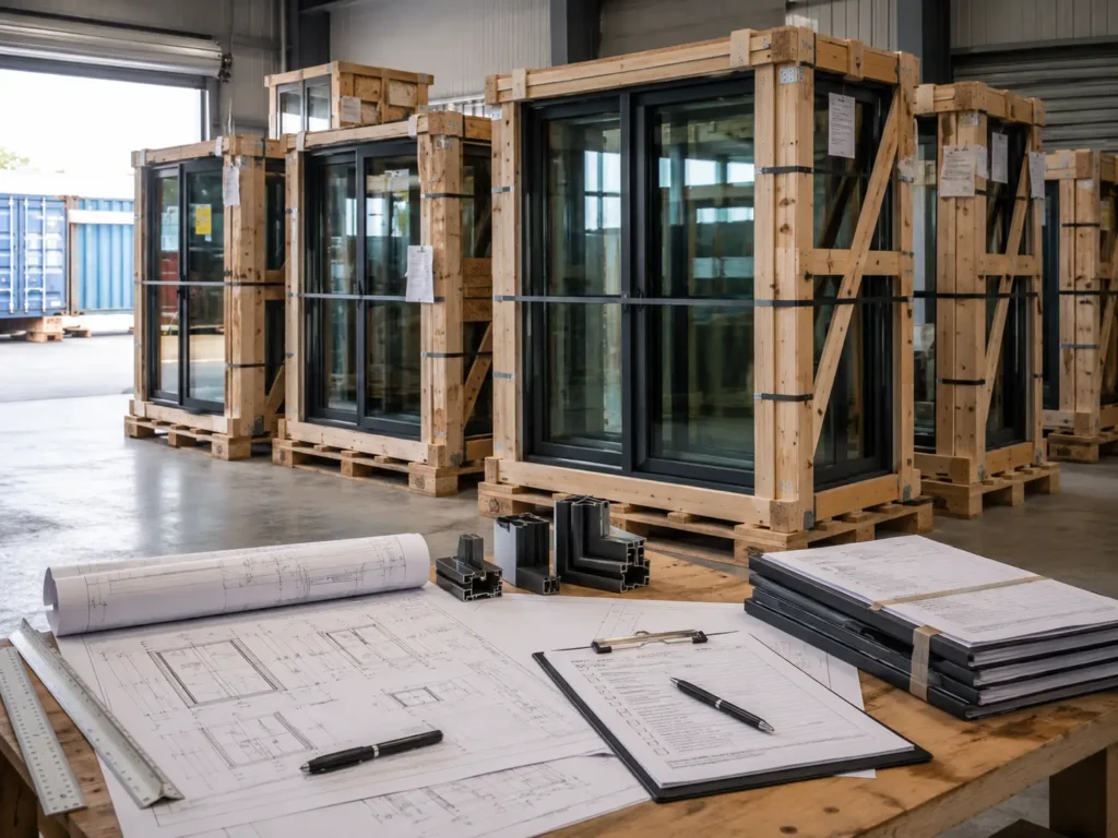 Export-packed imported windows with technical drawings and compliance documents prepared for overseas building projects