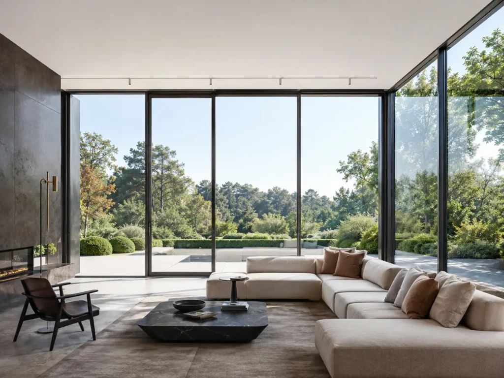 Quiet luxury living room with large architectural aluminum windows, slim dark frames, natural light, and a garden view.