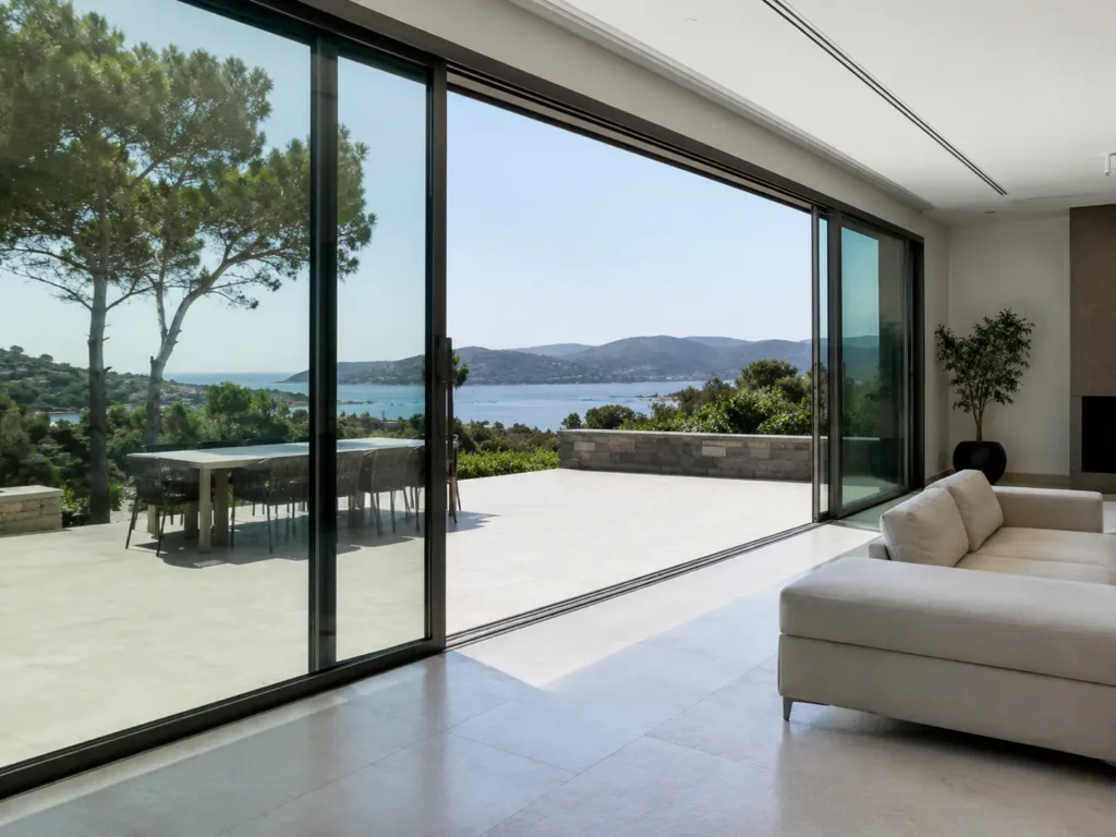 Large lift-and-slide glass door connecting a minimalist luxury villa living room to a sea-view terrace.