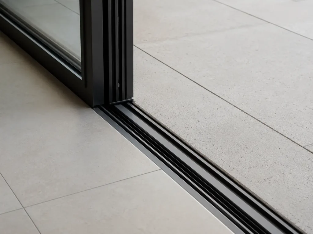 Close-up of a low-profile lift and slide door track creating a smooth transition between indoor tile and an outdoor patio.