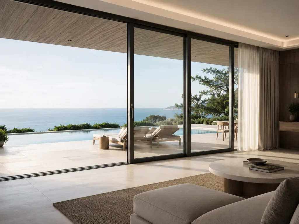 Floor-to-ceiling lift and slide doors opening a luxury coastal hotel suite to a terrace, infinity pool and ocean view.