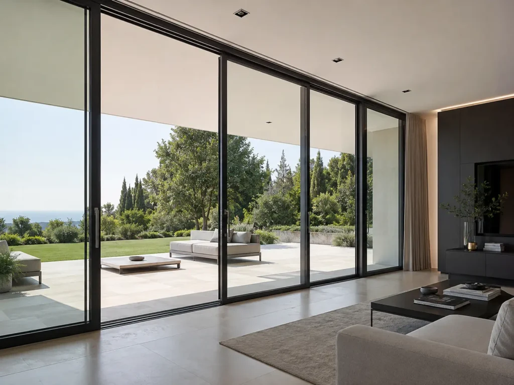 Large lift and slide doors with slim black aluminum frames connecting a modern luxury living room to an outdoor garden terrace.