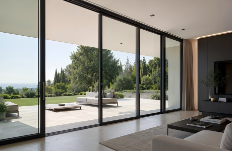 Large lift and slide doors with slim black aluminum frames connecting a modern luxury living room to an outdoor garden terrace.