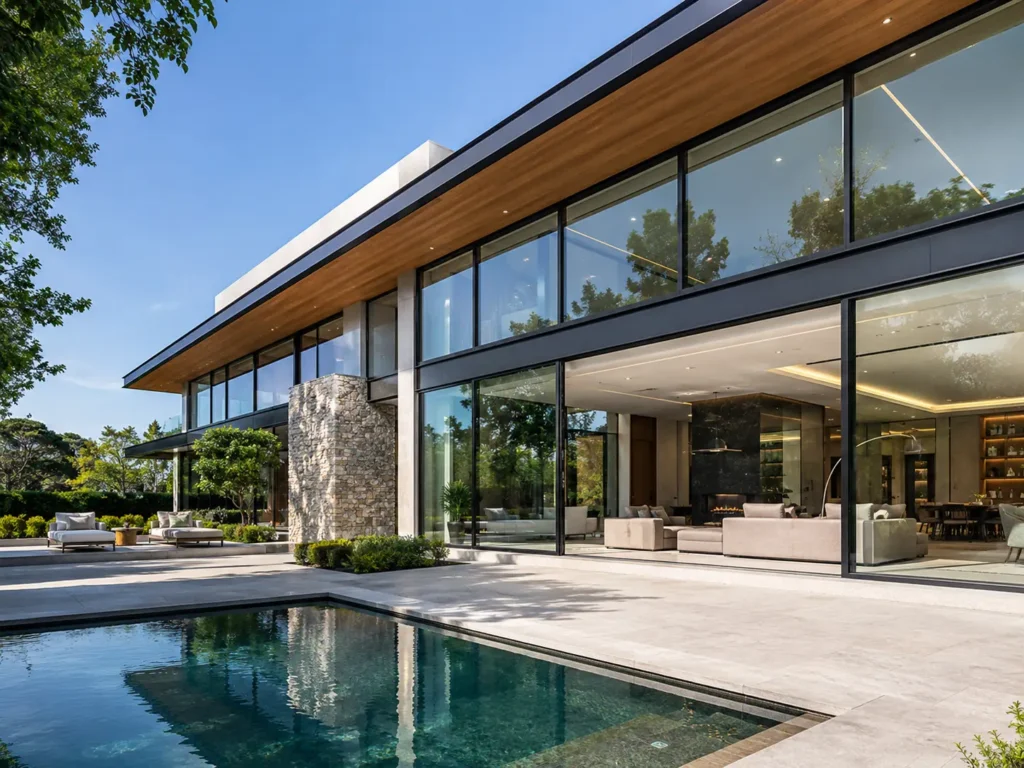 Modern luxury villa with floor-to-ceiling architectural aluminum windows, slim black frames, stone terrace, and swimming pool.
