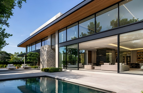 Modern luxury villa with floor-to-ceiling architectural aluminum windows, slim black frames, stone terrace, and swimming pool.