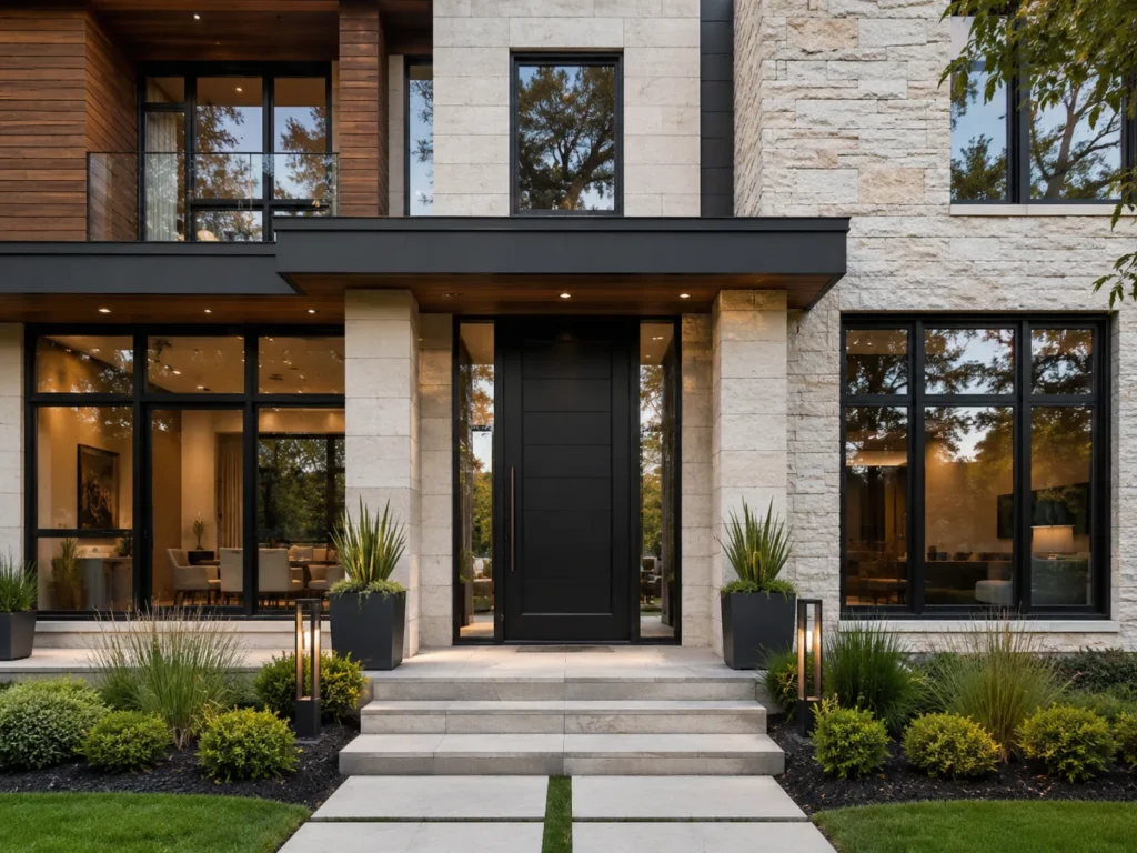 Luxury home facade with a black aluminum front door, matching black window frames, stone cladding, wood accents, and landscaped entrance.