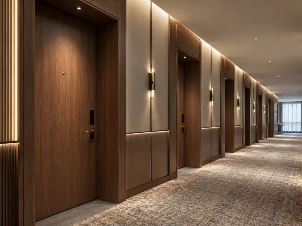 Luxury hotel corridor with solid core guest room entry doors, warm wood veneer, acoustic sealing details, and refined wall lighting.