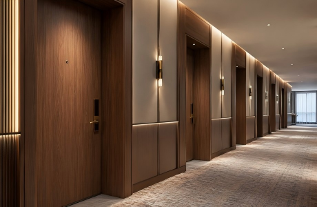 Luxury hotel corridor with solid core guest room entry doors, warm wood veneer, acoustic sealing details, and refined wall lighting.