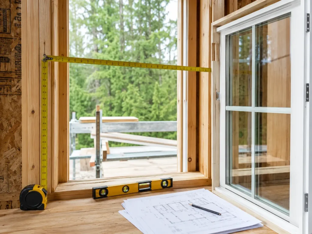 Measuring a rough opening for standard window installation with tape measure, level, and architectural drawings